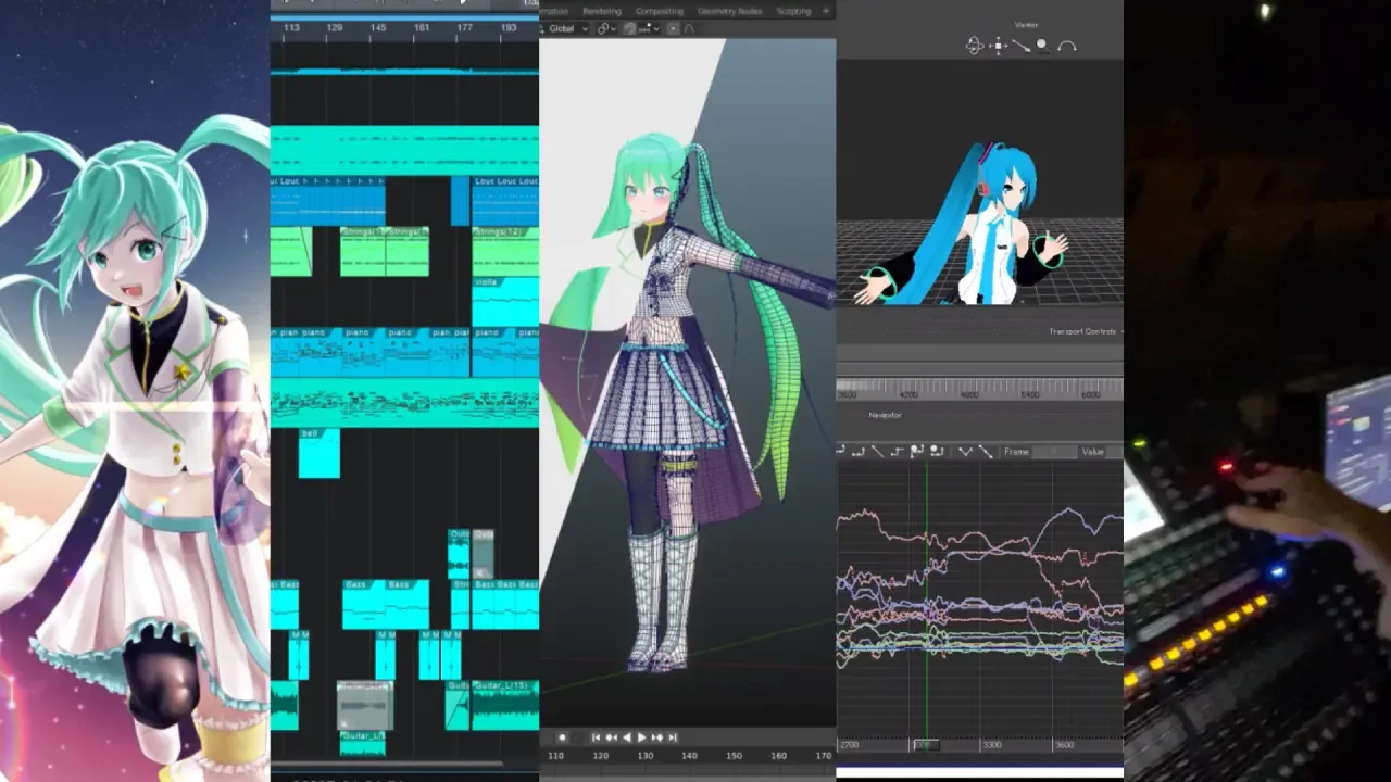 MIKUECの制作風景。イラストやモデル、楽曲、機材オペレーションなどすべてを行っています。